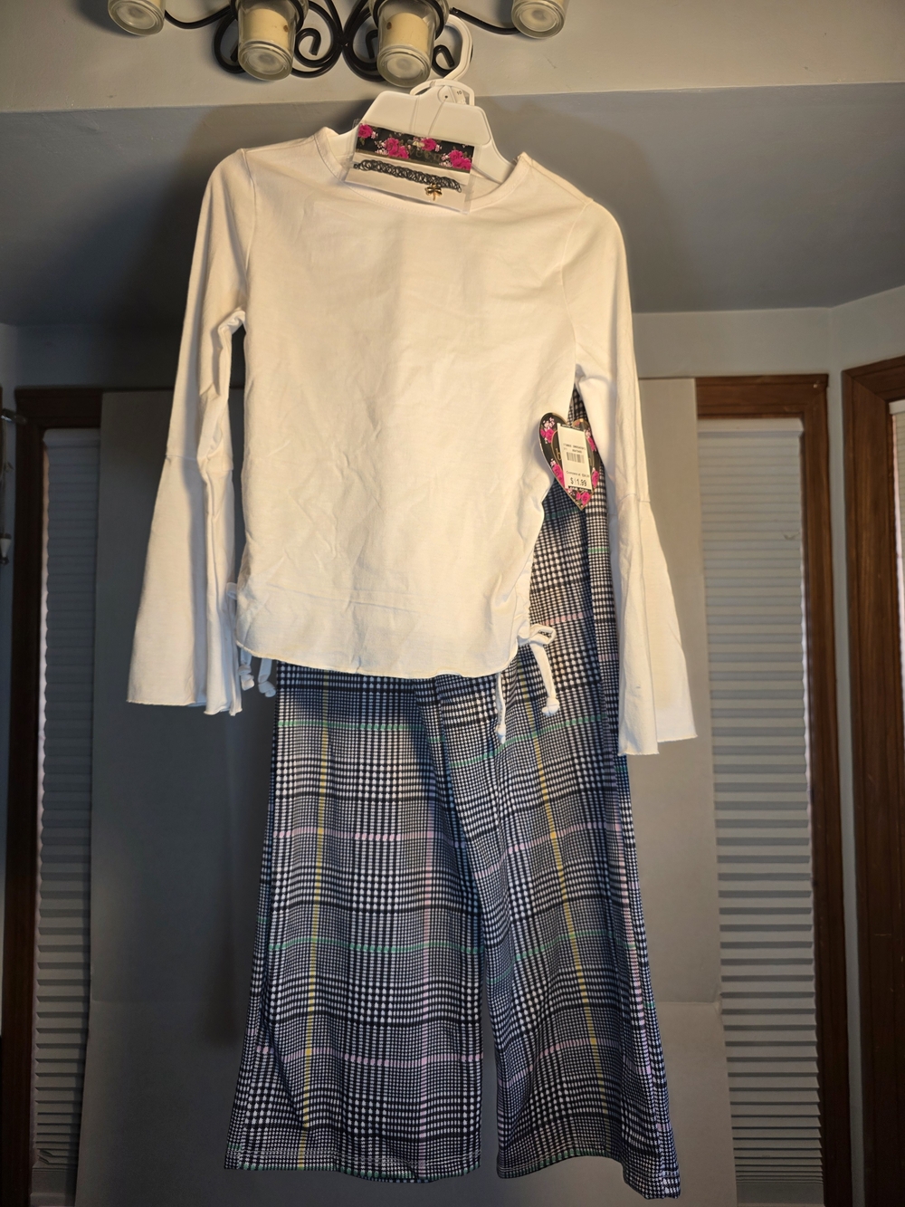 btween White Top with Black Plaid Midi Skirt Set With Necklace
